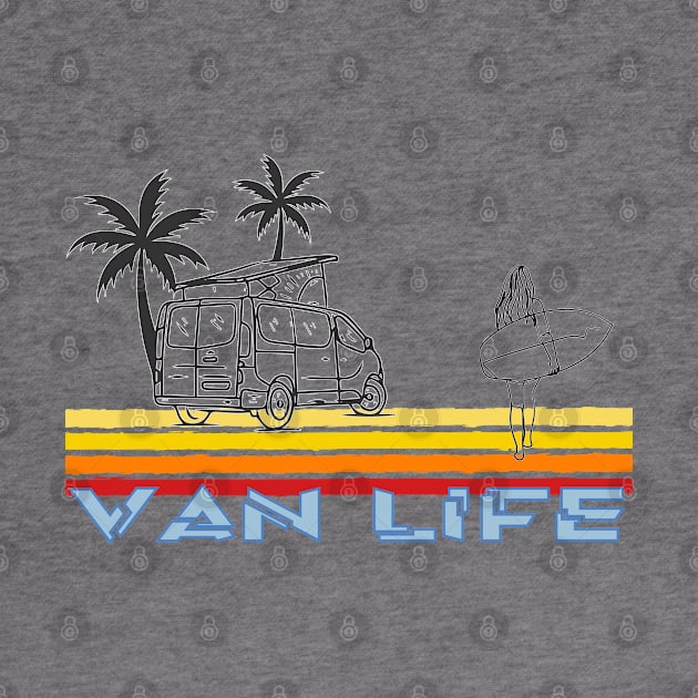 Van Life Surfing Vanlife Girl, Palm Trees and pop top van by Surfer Dave Designs